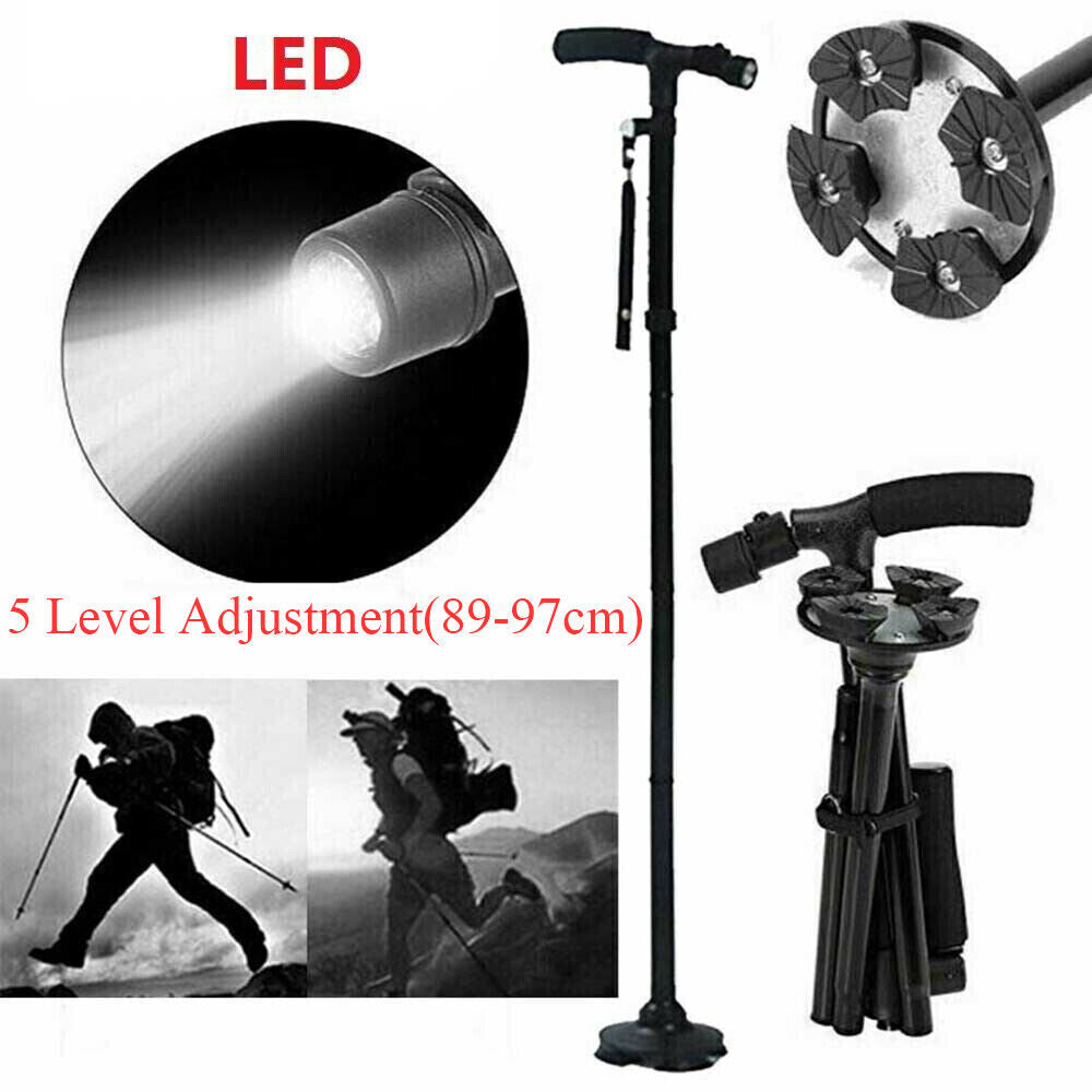 Walking Stick Cane | Folding Handle Adjustable | Fixed LED Light Aid Holder | Lighting