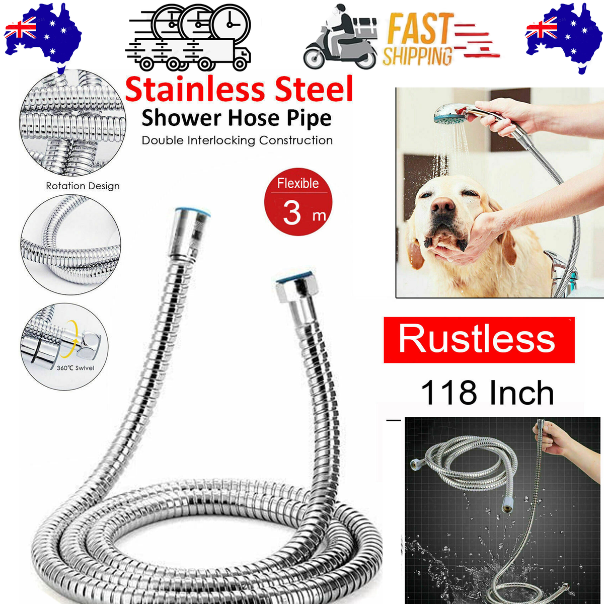 Shower Head Hose | 3M Stainless Steel | Bathroom Flexible Tube | Replacement Pipe | AU Standard