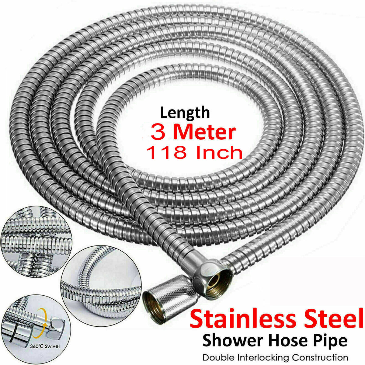 Shower Head Hose | 3M Stainless Steel | Bathroom Flexible Tube | Replacement Pipe | AU Standard
