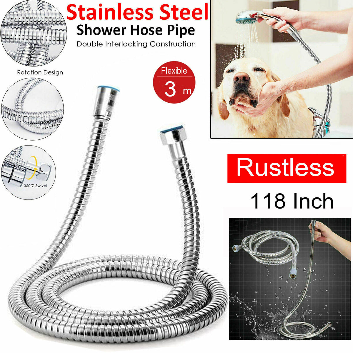 Shower Head Hose | 3M Stainless Steel | Bathroom Flexible Tube | Replacement Pipe | AU Standard
