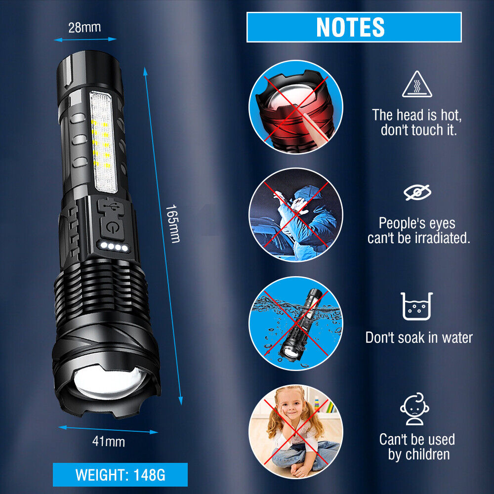 Super Bright Flashlight | 30W | 14 LED | White Laser Tactical Torch | Camping | AU
