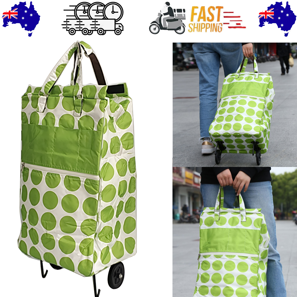 Shopping Trolley Cart Bag | Foldable Wheels | Green Circle Design | Market & Luggage Use