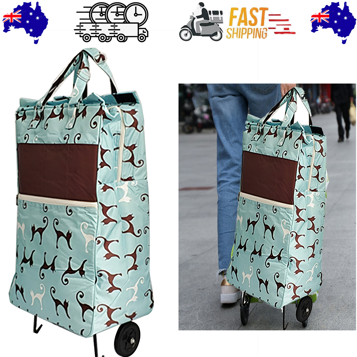 Shopping Trolley Cart Bag | Foldable Wheels | Sky Blue Cat Design | Market & Luggage Use