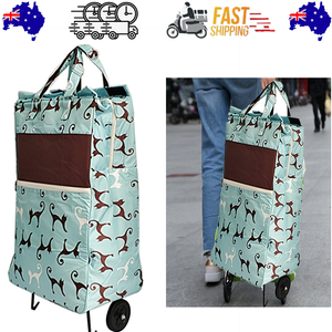 Shopping Trolley Cart Bag | Foldable Wheels | Sky Blue Cat Design | Market & Luggage Use
