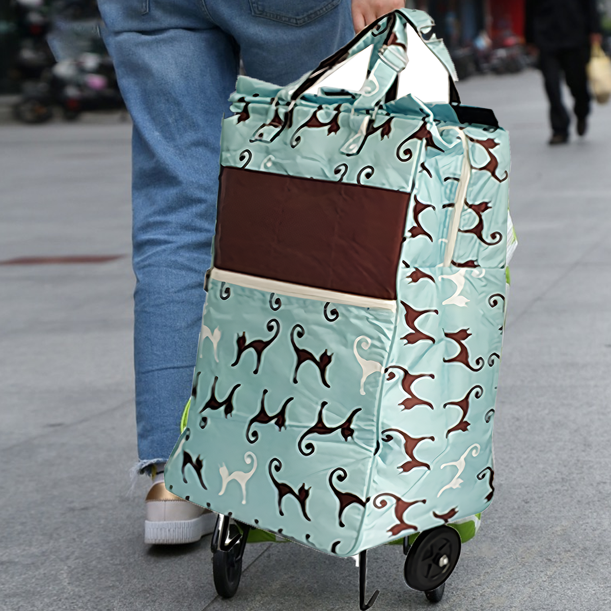 Shopping Trolley Cart Bag | Foldable Wheels | Sky Blue Cat Design | Market & Luggage Use