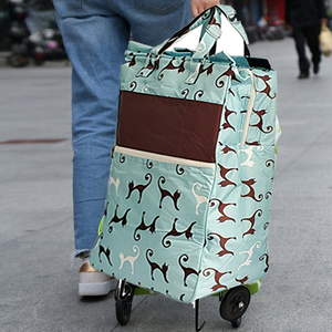 Shopping Trolley Cart Bag | Foldable Wheels | Sky Blue Cat Design | Market & Luggage Use