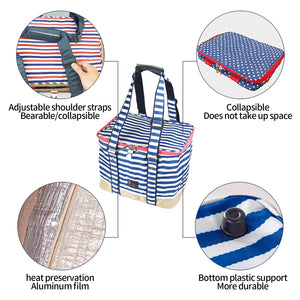 Blue Insulated Picnic Bag | Thermal Cooler | Portable Lunch Food Tote | Carry Storage Bag