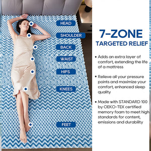 7 Zone Memory Foam Topper Mattress | Cool Gel Pad Mat | Medium Firm | 8cm Thick | 183cm x 203cm