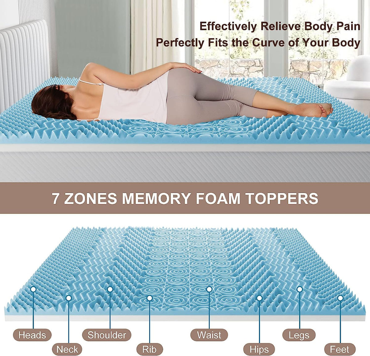 7 Zone Memory Foam Topper Mattress | Cool Gel Pad Mat | Medium Firm | 8cm Thick | 90cm x 190cm