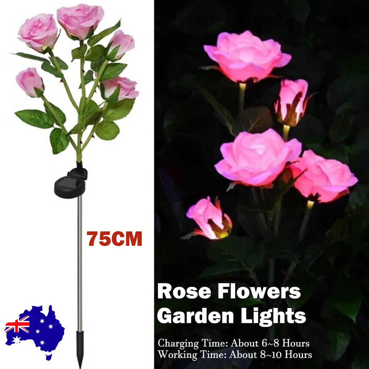 Pink Bulk Solar Garden Lights | 75cm Long Rose Flowers | Yard Lamp | Xmas | Halloween Deco | AU