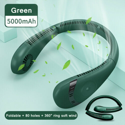 Green 5000mAh Mini Neck Fan | Bladeless Foldable Portable | Quiet Rechargeable 360° Cooler