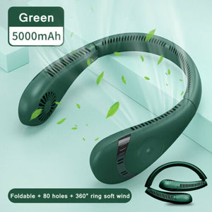 Green 5000mAh Mini Neck Fan | Bladeless Foldable Portable | Quiet Rechargeable 360° Cooler