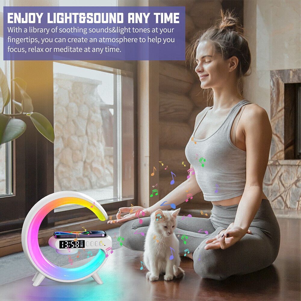 White Smart G Lamp Night Light | Bluetooth Speaker | Wireless Charger | LED RGB Alarm Clock