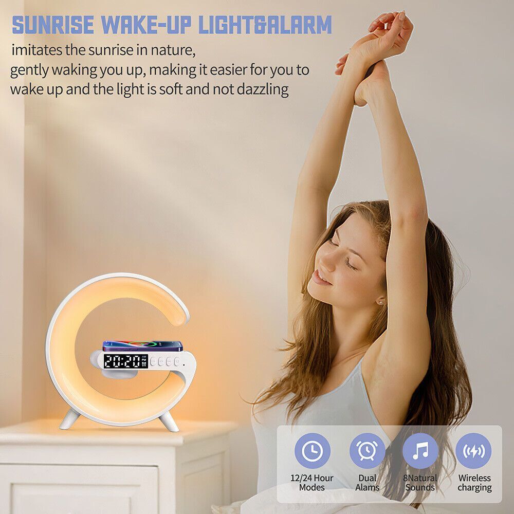 White Smart G Lamp Night Light | Bluetooth Speaker | Wireless Charger | LED RGB Alarm Clock