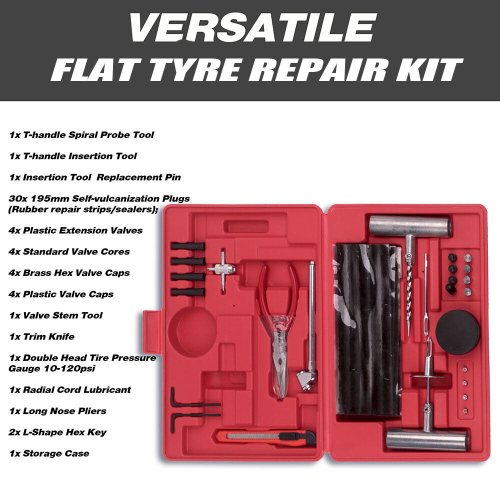 56-Piece Tyre Puncture Repair Kit | Heavy-Duty Tube Recovery Plugs with Case | Car/4WD
