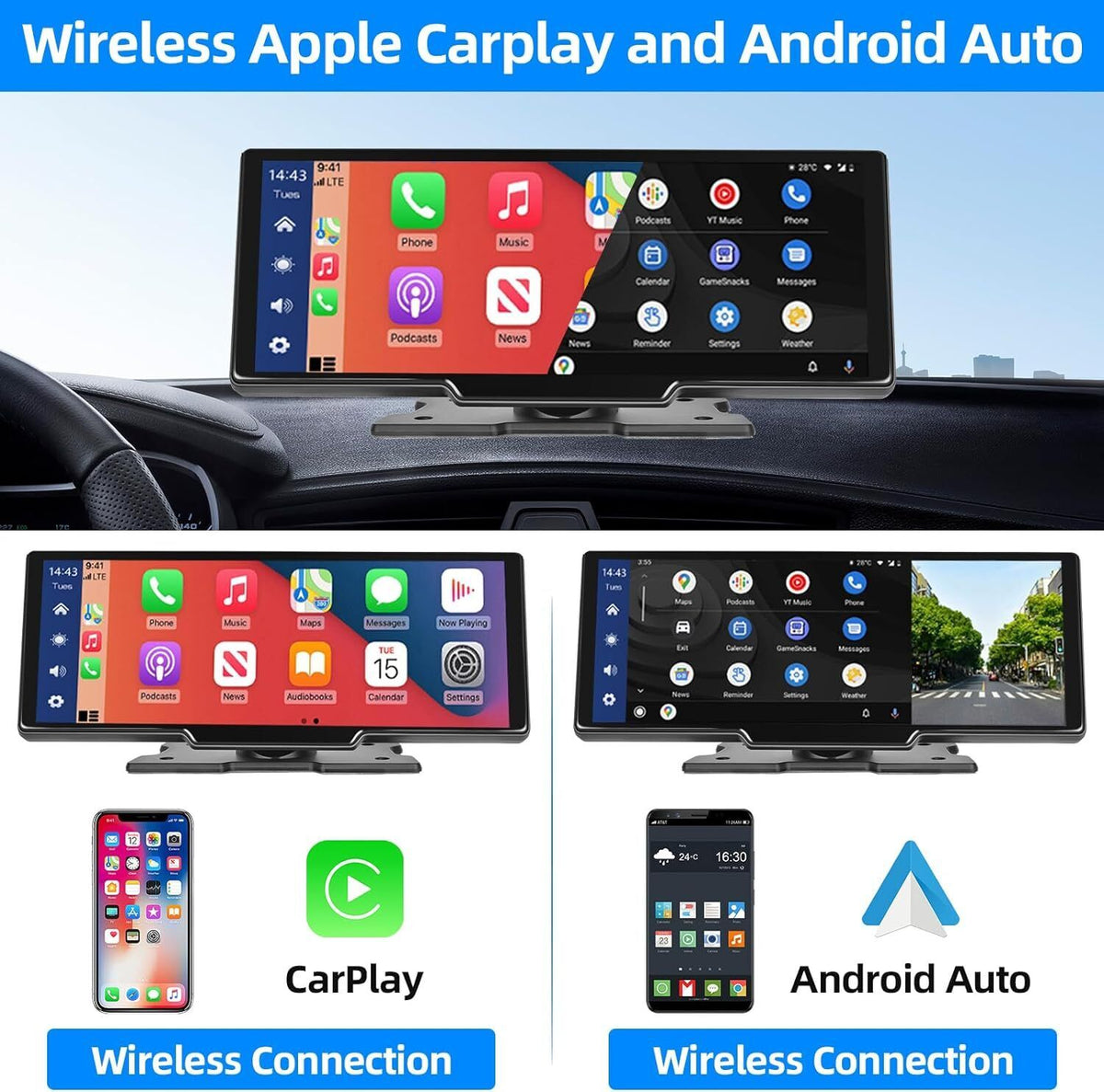 10.26" 4K Dash Cam Car Stereo | For Apple Carplay & Android Auto | GPS Rear Camera