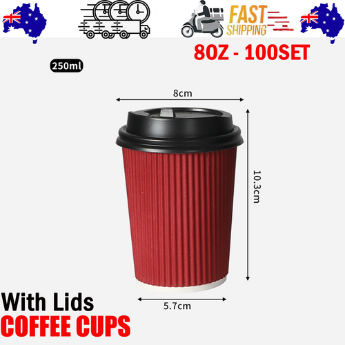 Red Disposable Coffee Cups with Lids | Healthy Paper Takeaway | 8OZ | 100Set