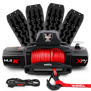 X-BULL 12V Electric Winch | 14500LBS Synthetic Rope with 2 Pairs Recovery Tracks | Gen2.0 Black