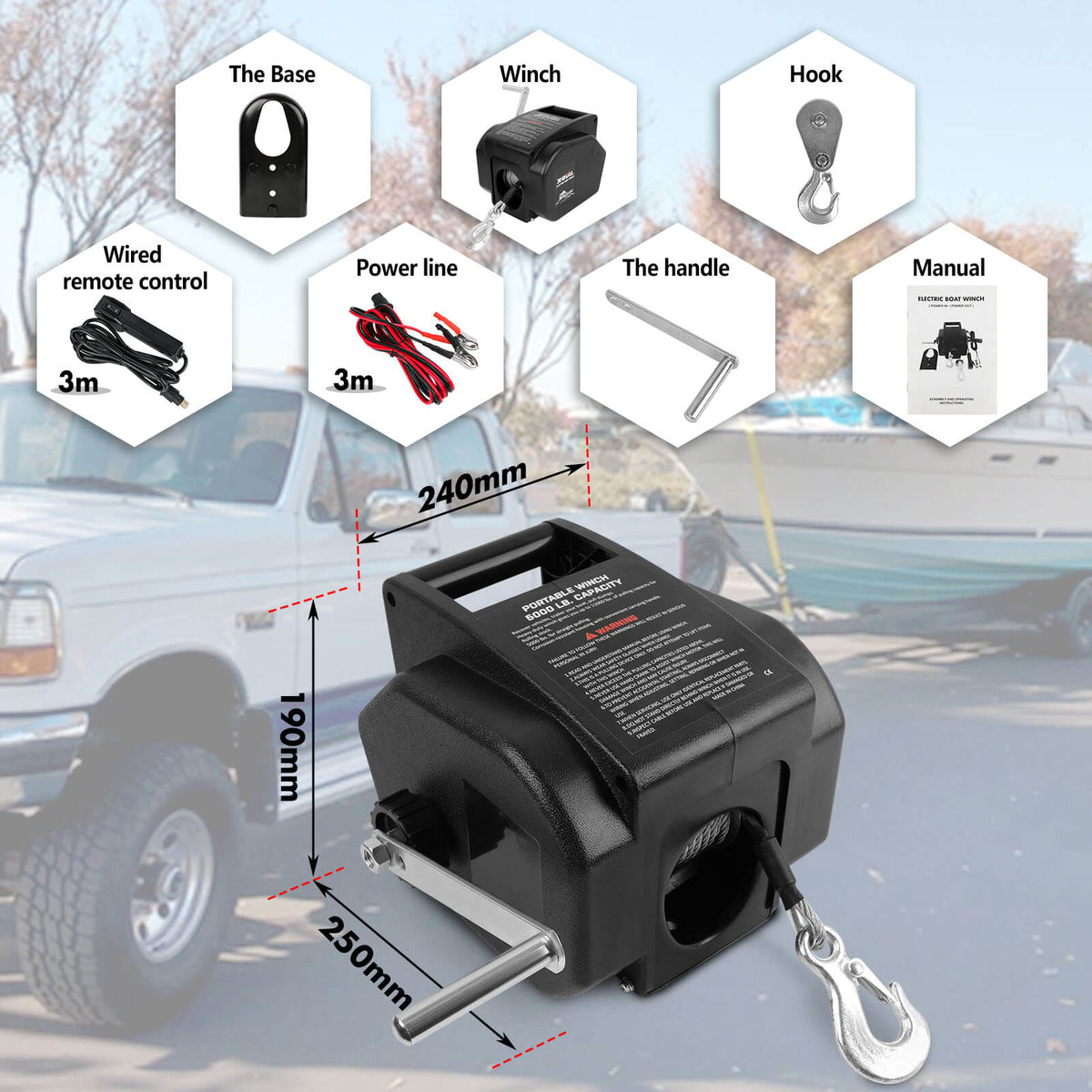 X-BULL 5000LBS Electric Boat Winch 12V | Portable Detachable | Marine Ship Trailer Winch
