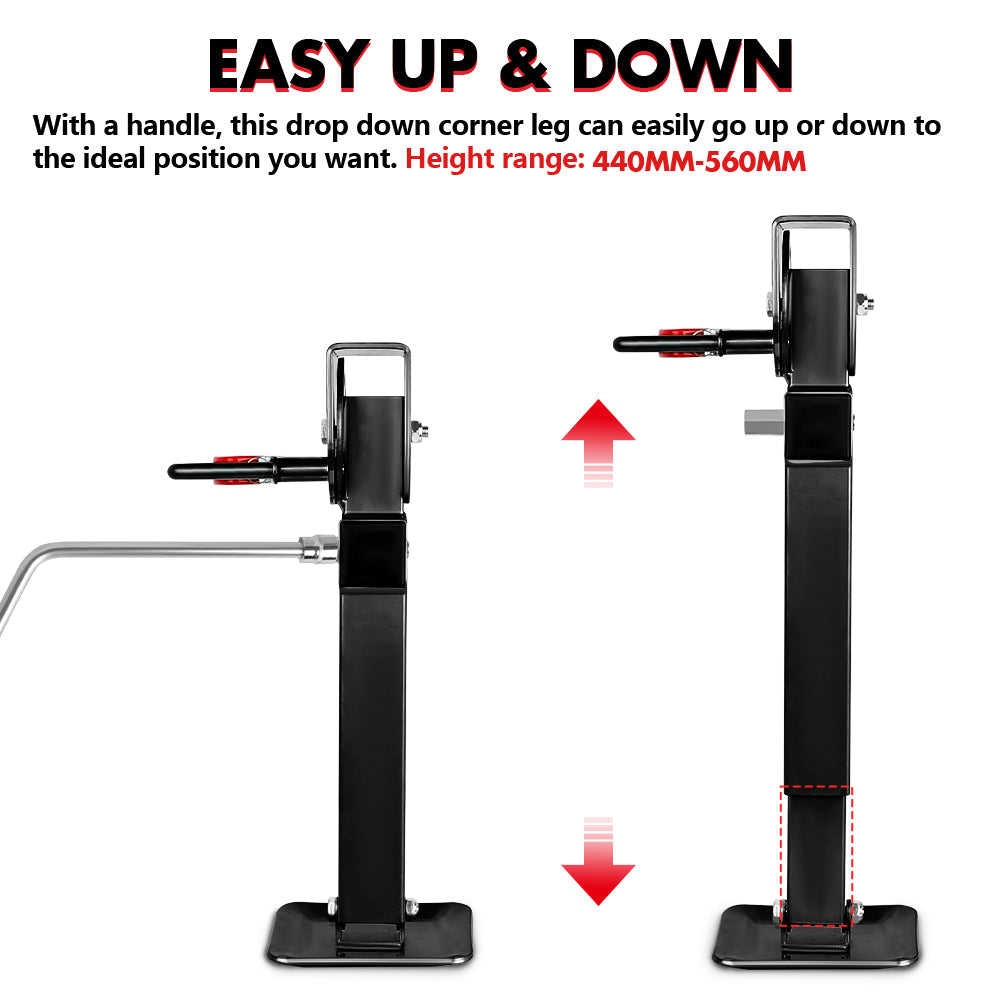 X-BULL 4x 440mm Drop Down Corner Legs with Handle | Steel Base | Caravan Stabilizer | Black
