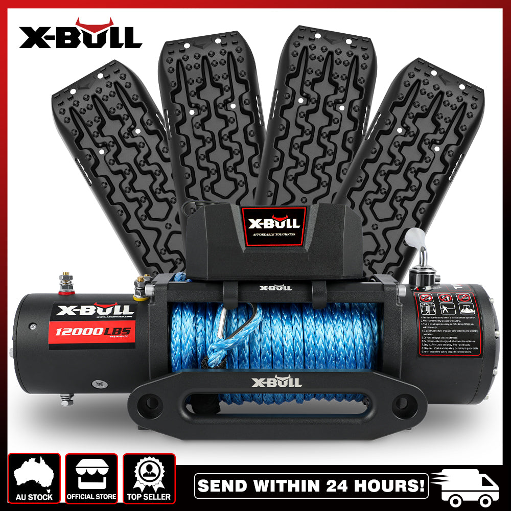 X-BULL 12000LB Electric Winch | 12V Synthetic Rope with 4pcs Recovery Tracks Boards | Gen3.0 Black
