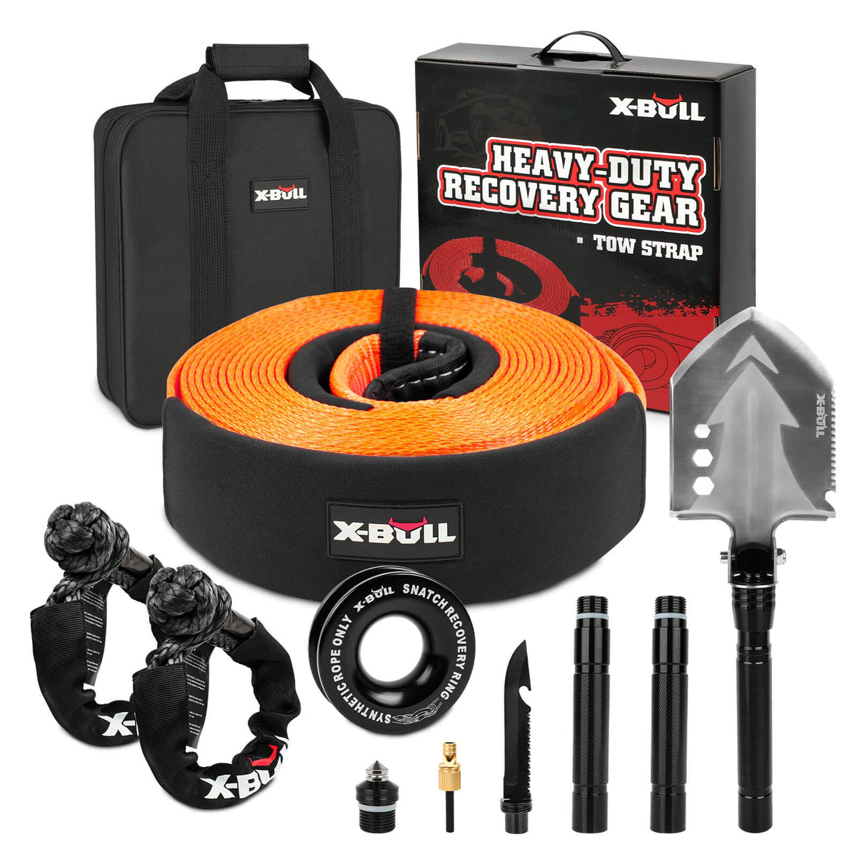 X-BULL 4WD Recovery Kit | Snatch Strap + Soft Shackles + Folding Shovel | 4x4 Survival Gear
