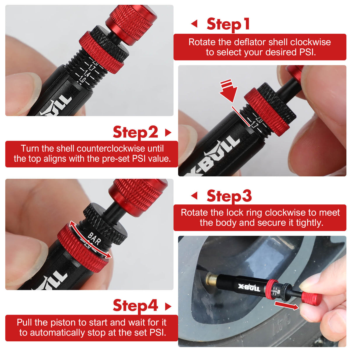 X-BULL 4PCS Tyre Deflators | Air Quick Deflator | Adjustable 10-30 PSI | Tire Valve