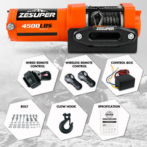 ZESUPER 12V Electric Winch | 4500lb Synthetic Rope | Boat Winch | ATV Winch | Trailer Winch | 4WD