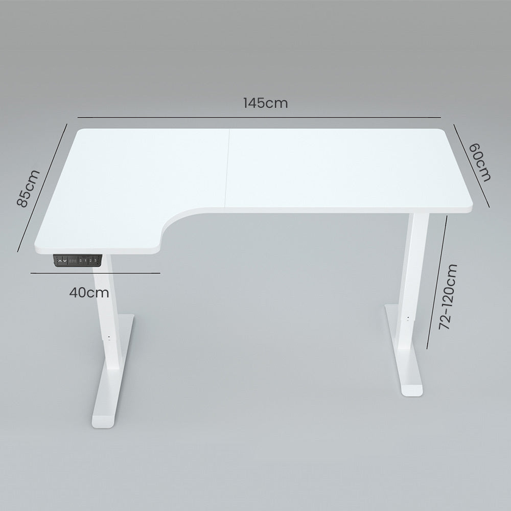 FORTIA Dual-Motor Adjustable Sit-Stand Corner Desk | 145W x 60D x 85D | Left-Hand Side | White Frame