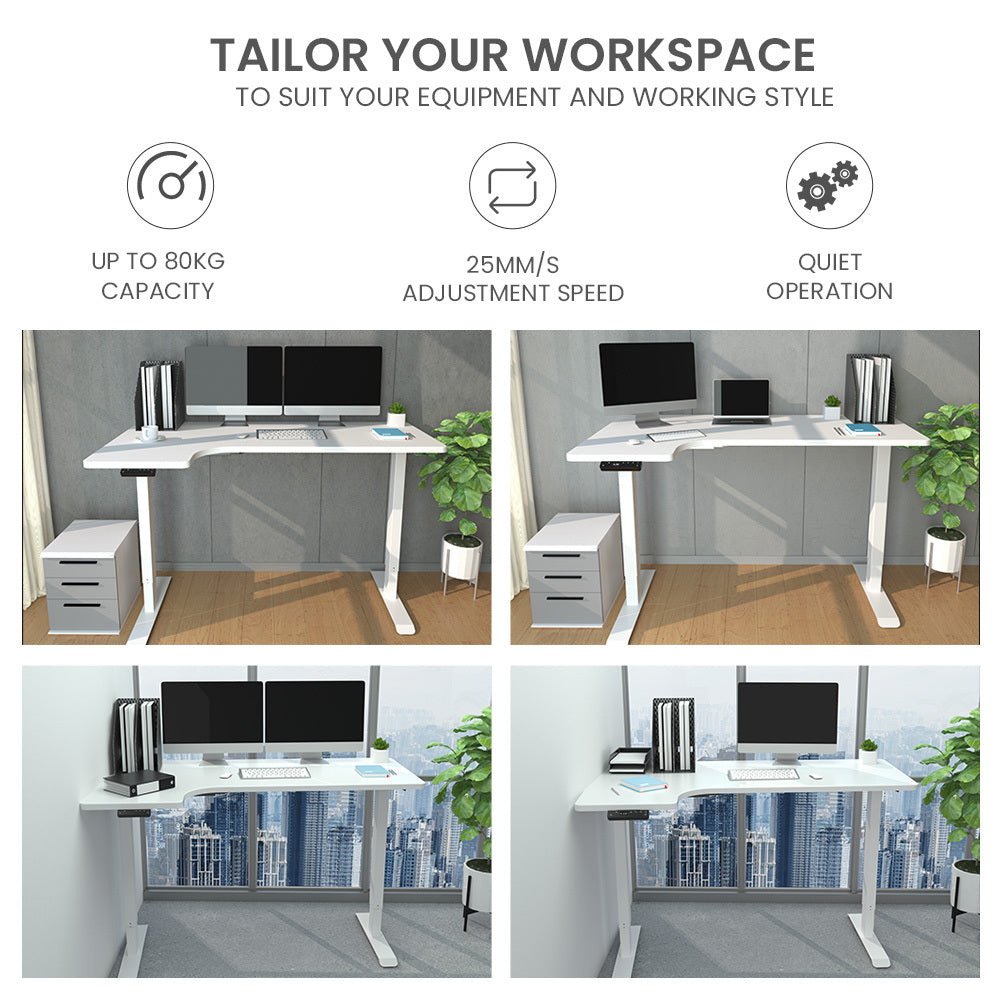FORTIA Dual-Motor Adjustable Sit-Stand Corner Desk | 145W x 60D x 85D | Left-Hand Side | White Frame