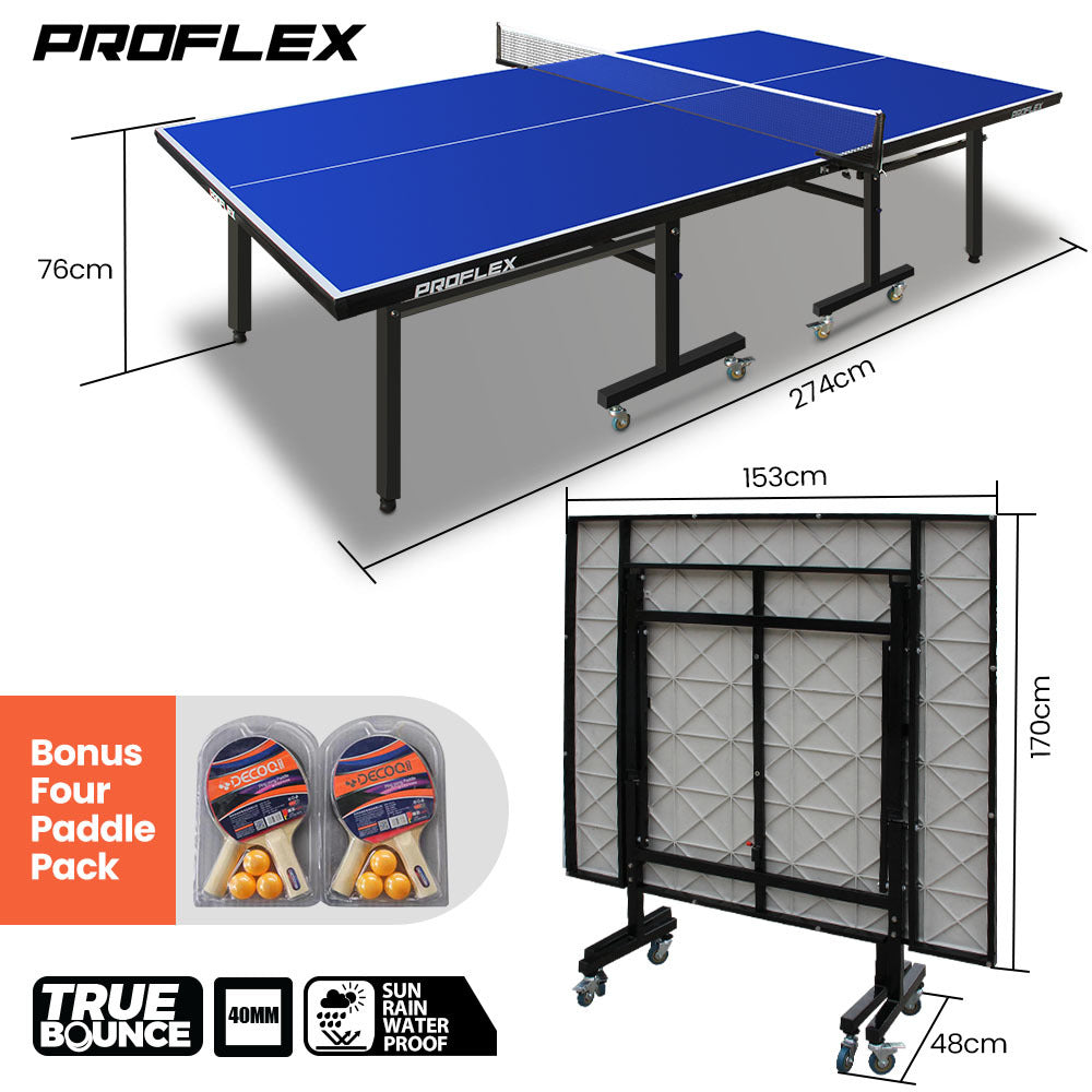 Proflex Premium Outdoor Table Tennis Table | 4 Player Ping Pong Paddle & Ball Pack