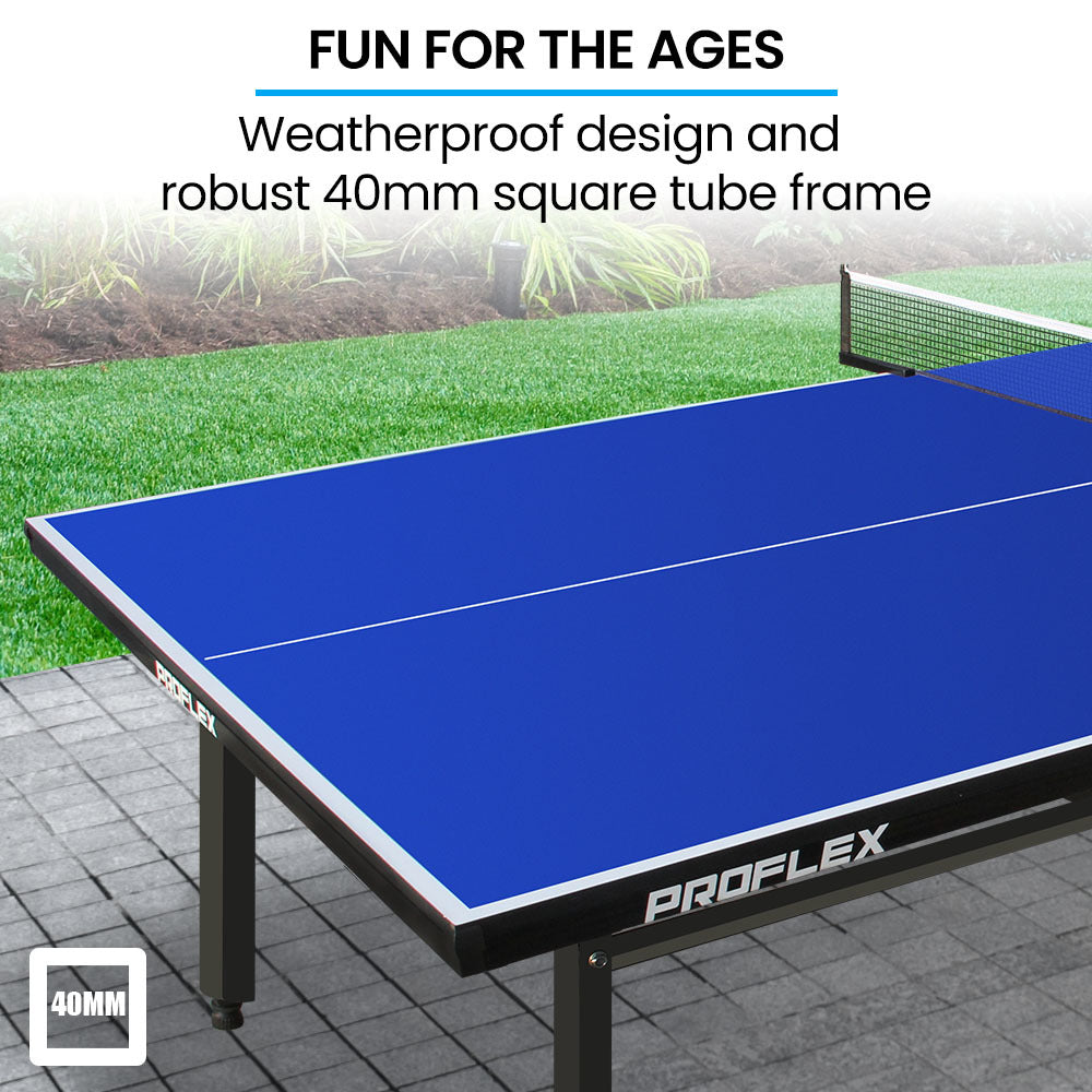 Proflex Premium Outdoor Table Tennis Table | 4 Player Ping Pong Paddle & Ball Pack