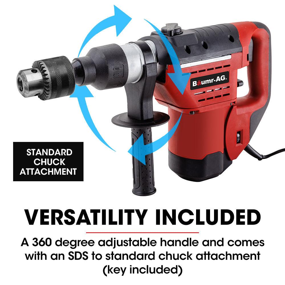 BAUMR-AG Electric Rotary Hammer Drill | 1500W | 2 Bonus Chisels & 3 Drill Bits