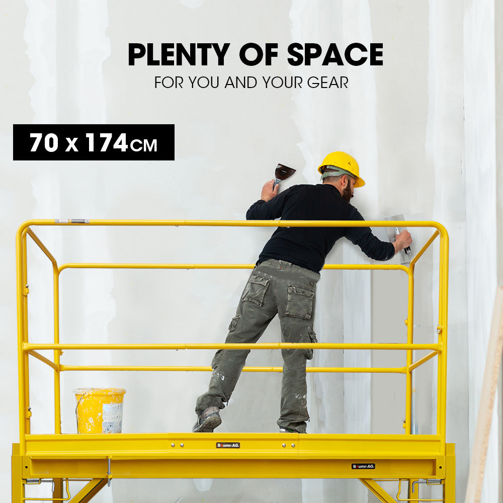 Baumr-AG Adjustable Mobile Scaffold Platform | 1.9 x 0.8 x 1.8m | Guard Rail | Outrigger Wheel Set | Trapdoor Hatch