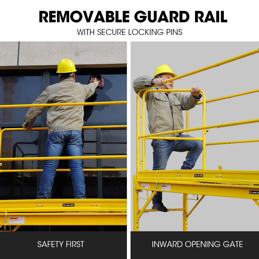 Baumr-AG Adjustable Mobile Scaffold Platform | 1.9 x 0.8 x 1.8m | Guard Rail | Outrigger Wheel Set | Trapdoor Hatch