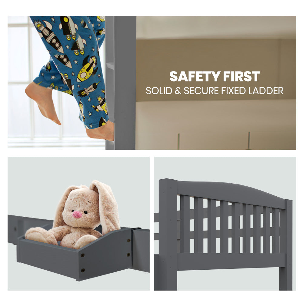 Kingston Slumber Single Bunk Bed Frame | Solid Pine Wood | Modular Design | Grey