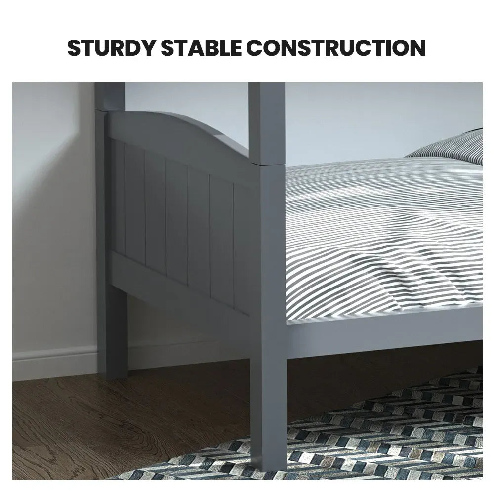 KINGSTON SLUMBER Single Bunk Bed Frame | Solid Pine | 2-in-1 Convertible to Two Single Beds | Grey