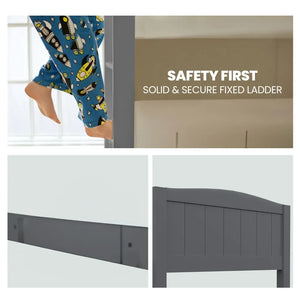 KINGSTON SLUMBER Single Bunk Bed Frame | Solid Pine | 2-in-1 Convertible to Two Single Beds | Grey