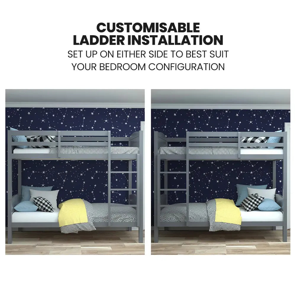 KINGSTON SLUMBER Single Bunk Bed Frame | Solid Pine | 2-in-1 Convertible to Two Single Beds | Grey