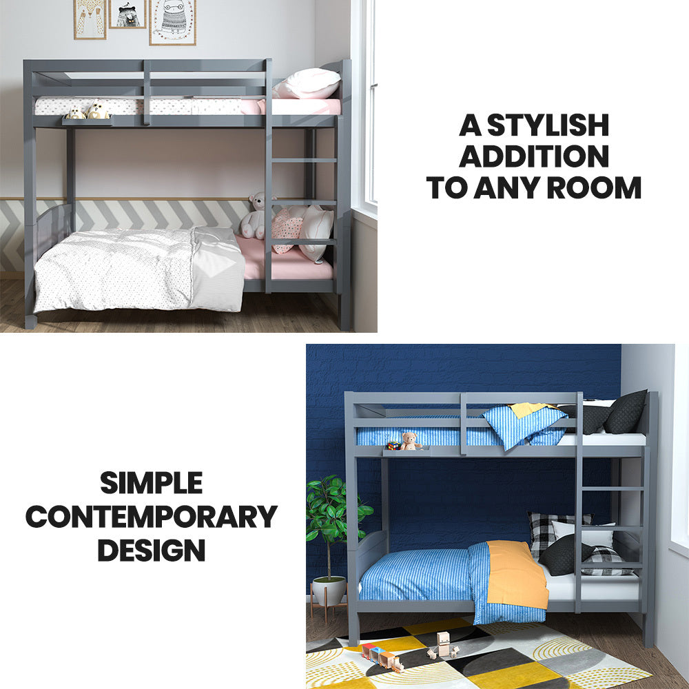 KINGSTON SLUMBER Single Bunk Bed Frame | Solid Pine | 2-in-1 Convertible to Two Single Beds | Grey