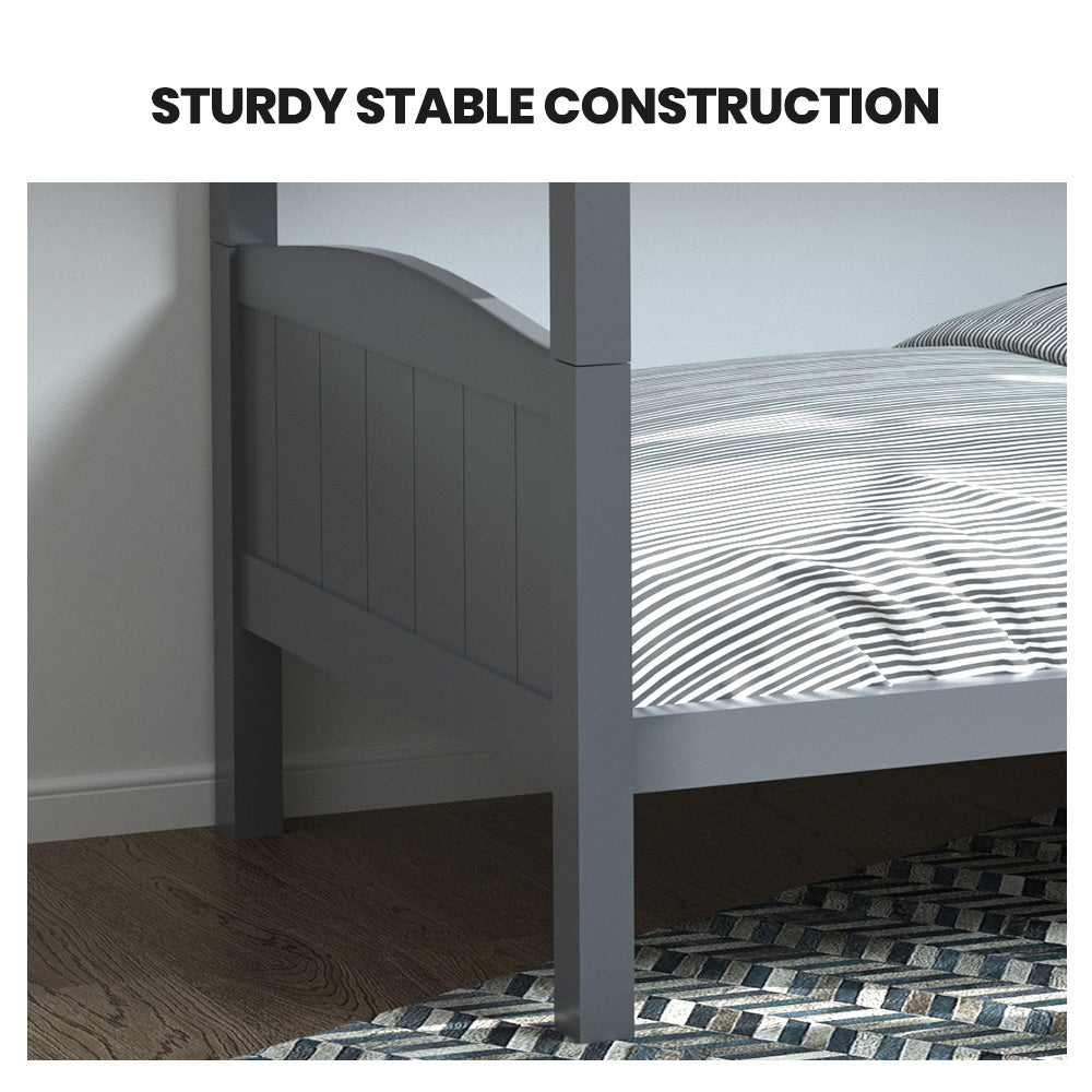 KINGSTON SLUMBER Single Bunk Bed Frame | Solid Pine | 2-in-1 Convertible to Two Single Beds | Grey