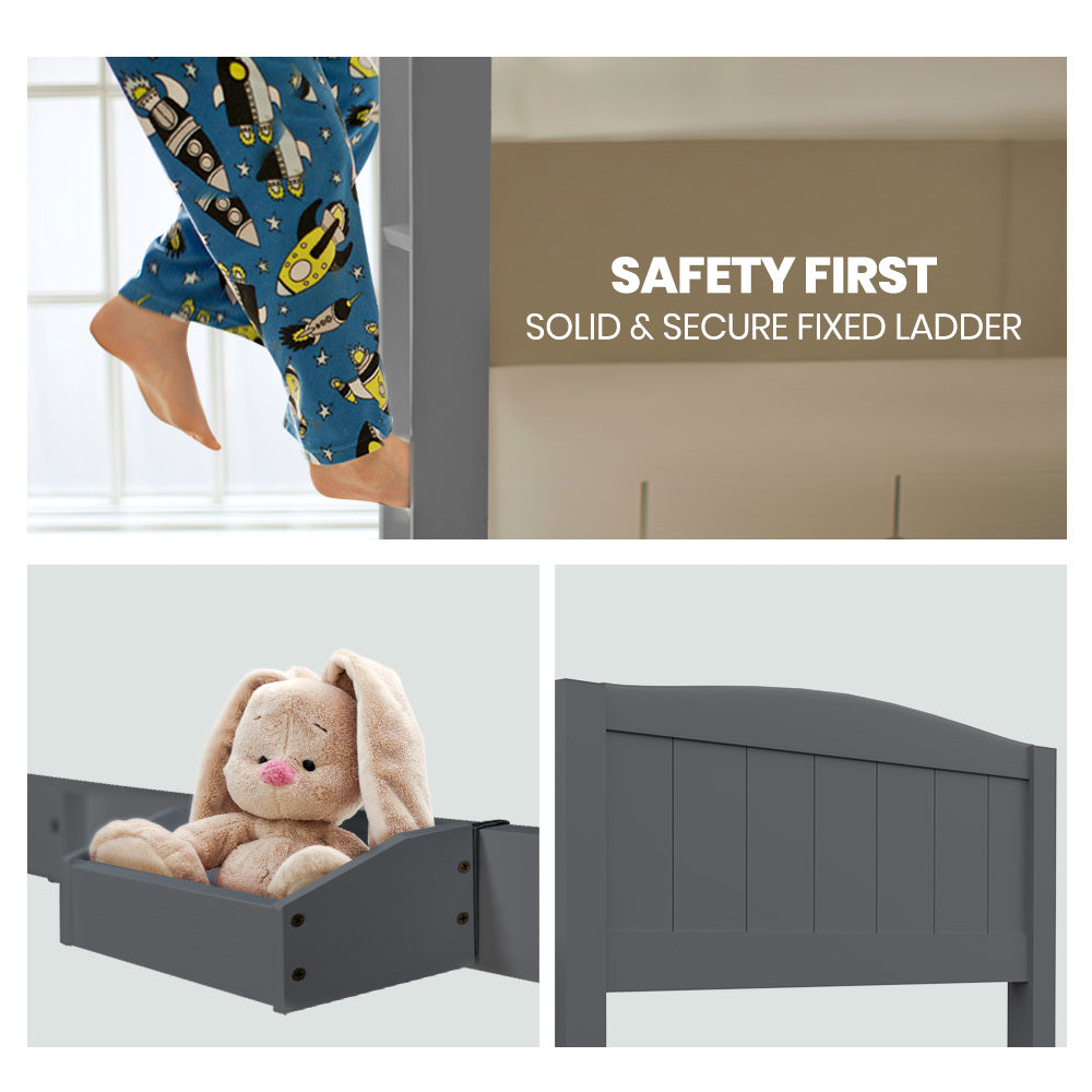 KINGSTON SLUMBER Single Bunk Bed Frame | Solid Pine | 2-in-1 Convertible to Two Single Beds | Grey