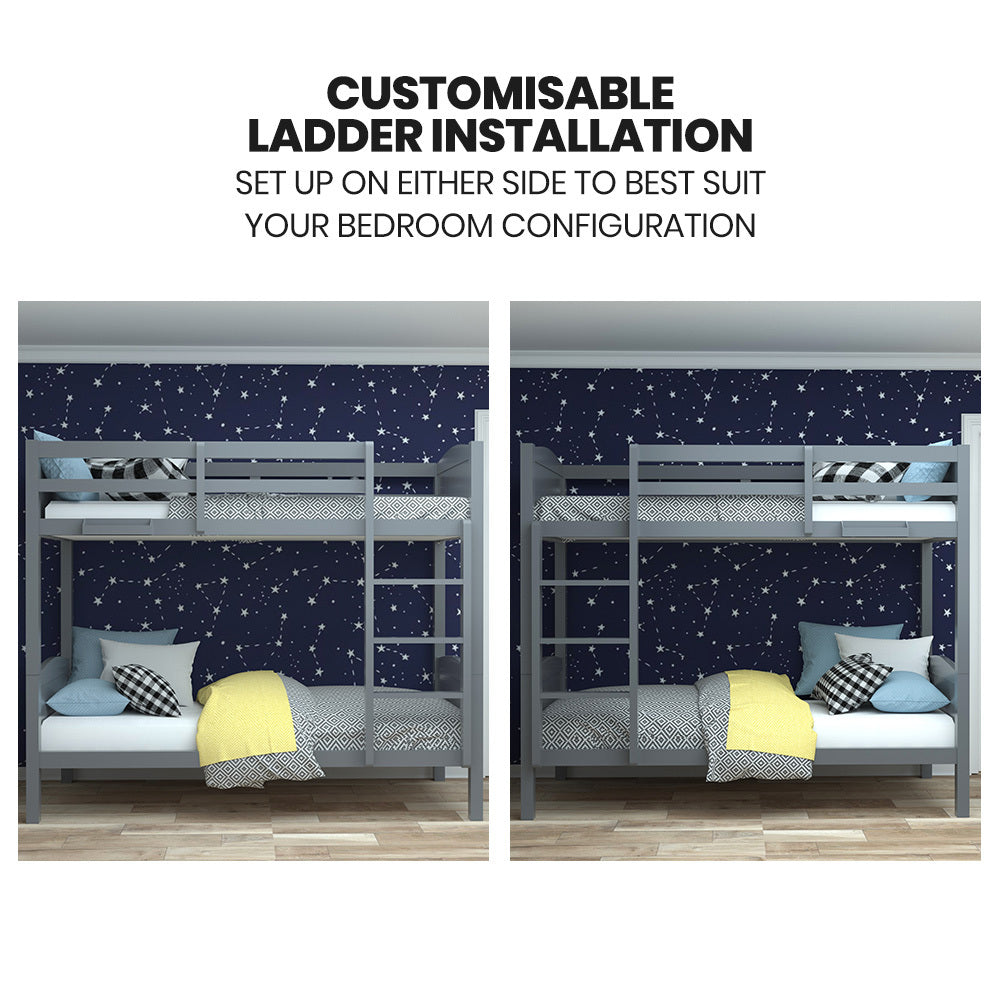 KINGSTON SLUMBER Single Bunk Bed Frame | Solid Pine | 2-in-1 Convertible to Two Single Beds | Grey