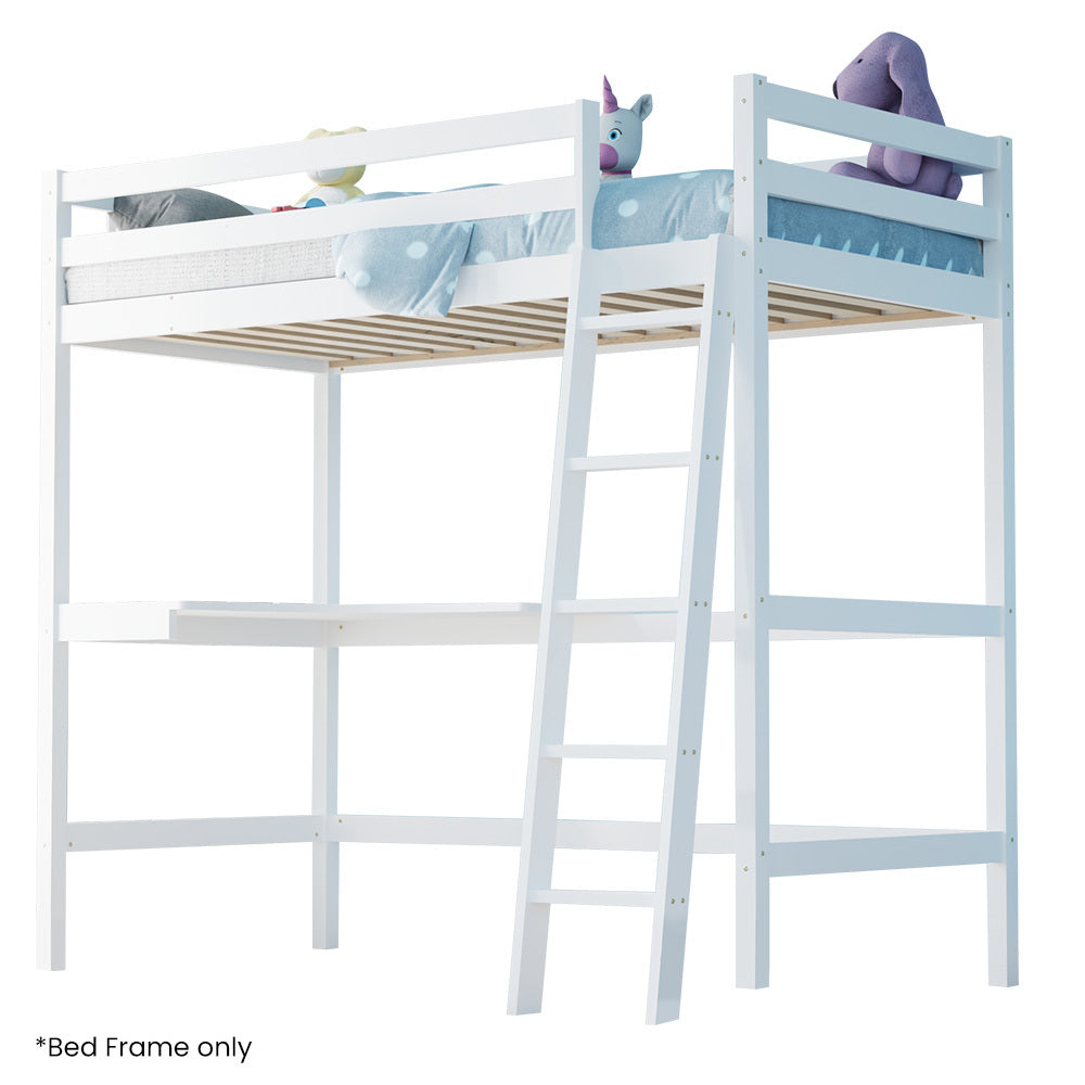 KINGSTON SLUMBER Wooden Kids Single Loft Bed Frame | Built-in Desk | White