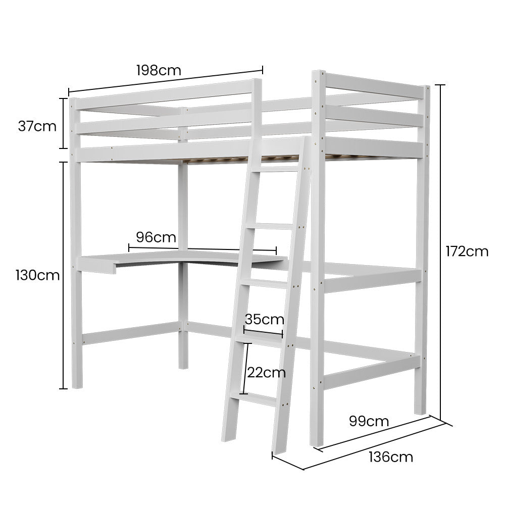 KINGSTON SLUMBER Wooden Kids Single Loft Bed Frame | Built-in Desk | White