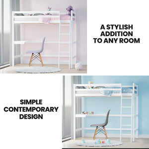 KINGSTON SLUMBER Wooden Kids Single Loft Bed Frame | Built-in Desk | White
