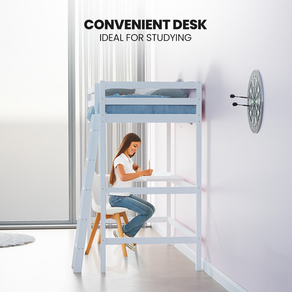 KINGSTON SLUMBER Wooden Kids Single Loft Bed Frame | Built-in Desk | White