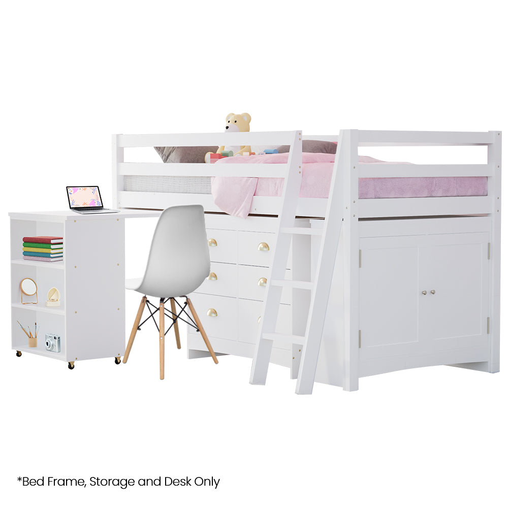 KINGSTON SLUMBER Kids Single Loft Bed Frame | Pull-Out Desk, Storage Drawers & Cabinet | White