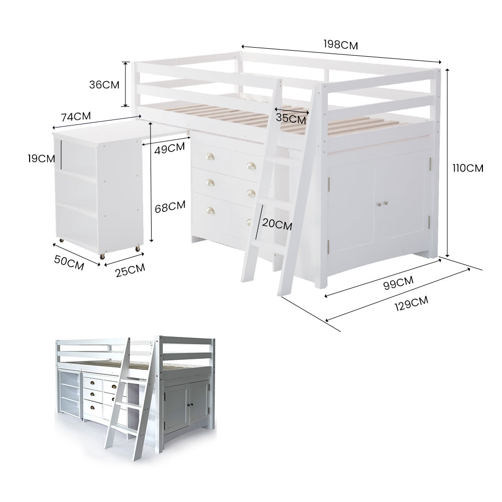 KINGSTON SLUMBER Kids Single Loft Bed Frame | Pull-Out Desk, Storage Drawers & Cabinet | White