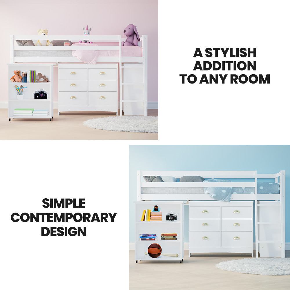 KINGSTON SLUMBER Kids Single Loft Bed Frame | Pull-Out Desk, Storage Drawers & Cabinet | White